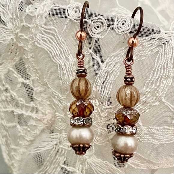 Artisan Earrings - “Creamy Cocoa and Pearls” Dangles - Picture 5 of 8